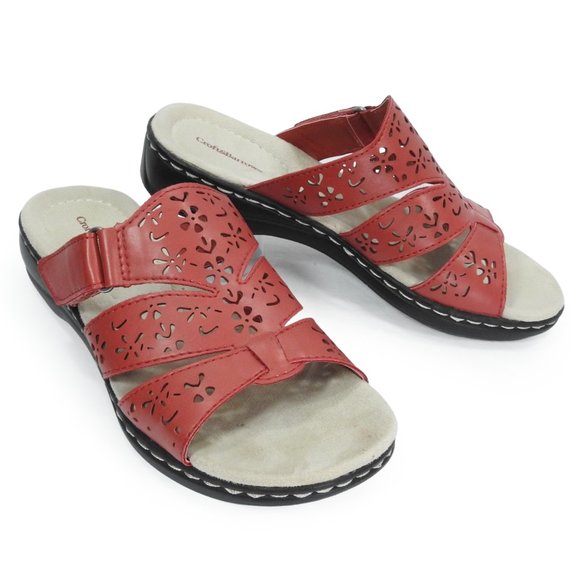 Croft & Barrow Paula Slip On Sandal Slide Red Faux Leather Laser Cut Details - Picture 3 of 9